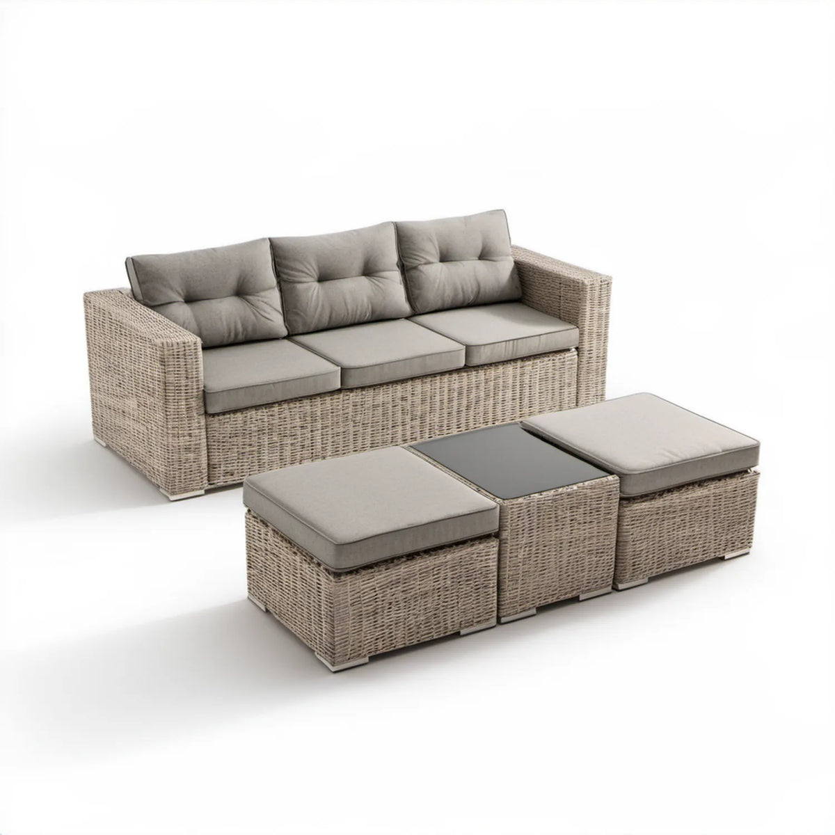 Beżowo-szary zestaw wypoczynkowy z technorattanu PE, sofa 200 x 75 x 70 cm, 2 pufy i stolik ze szklanym blatem