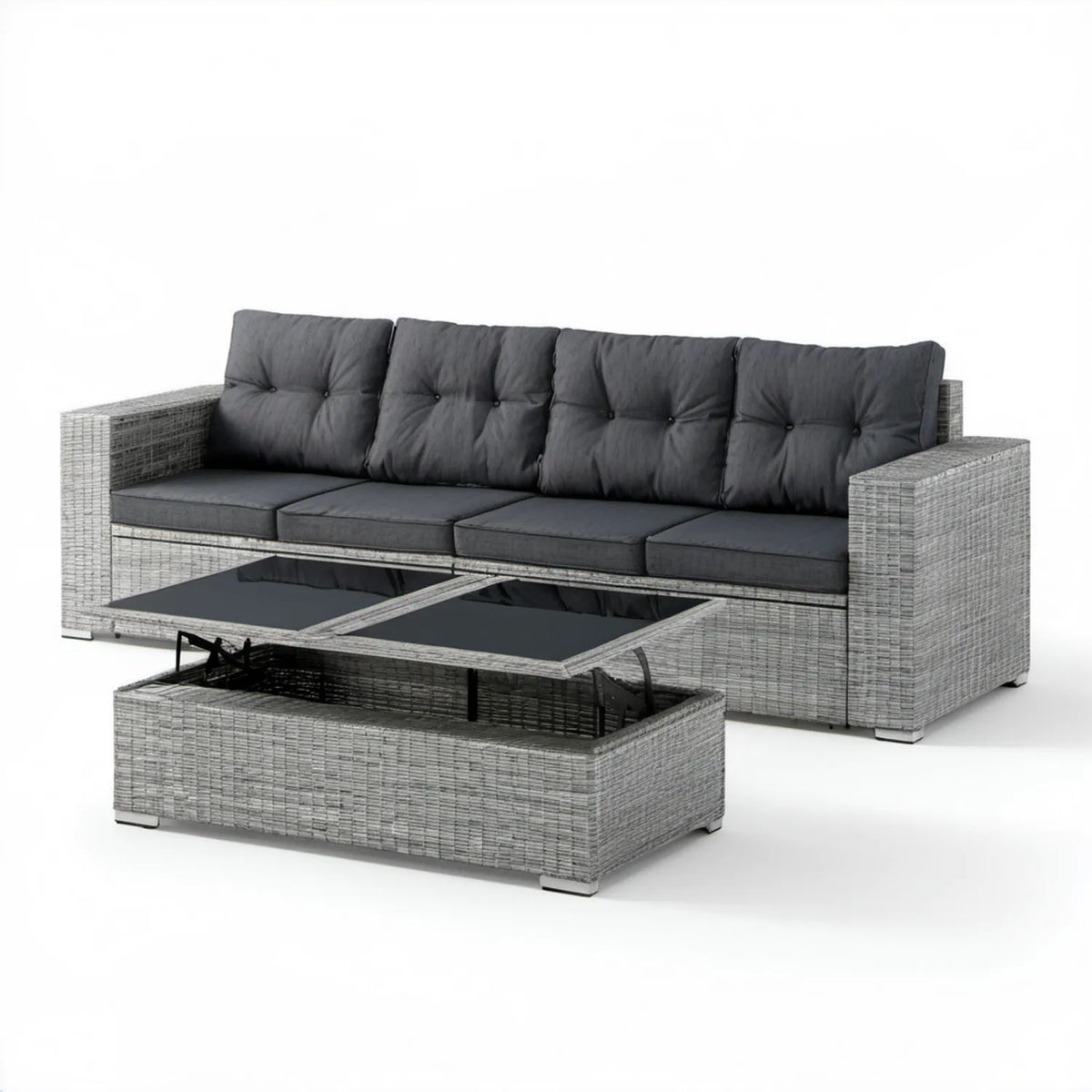 Sofa ogrodowa 4-osobowa ze stolikiem z podnoszonym blatem 280 x 75 x 75 cm Szary/Antracytowy/Czarny