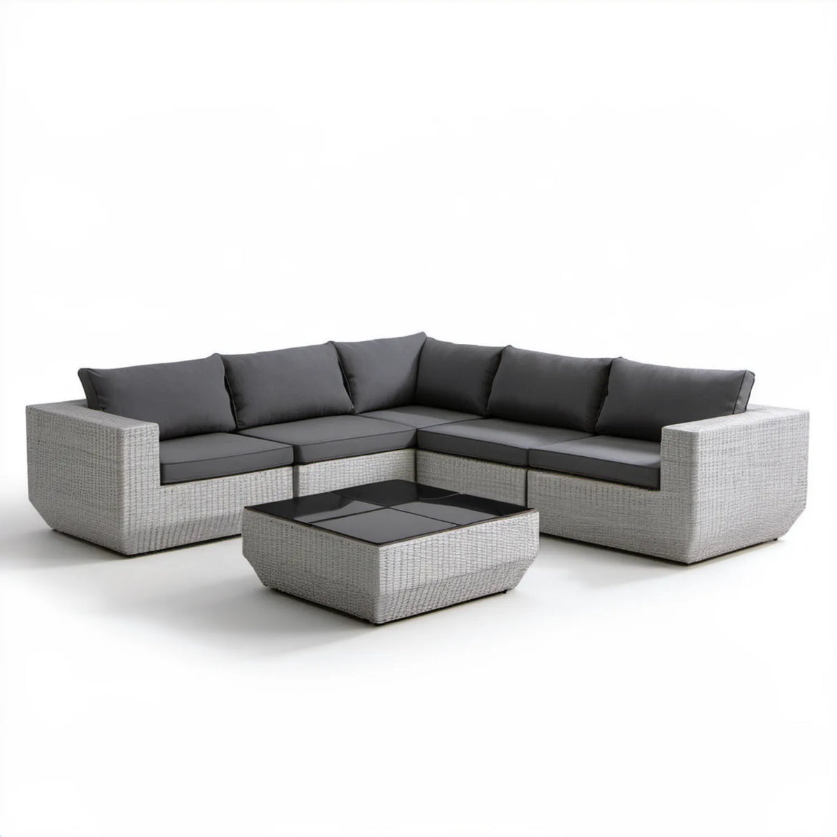 Ogrodowy narożnik modułowy z technorattanu 250 x 190 x 65 cm ze stolikiem 70 x 70 x 35 cm, jasnoszary/ciemnoszary/czarny