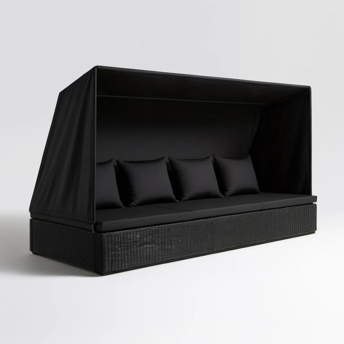 Ogrodowa sofa trzyosobowa z baldachimem, czarna, 210 × 140 × 200 cm, technorattan PE