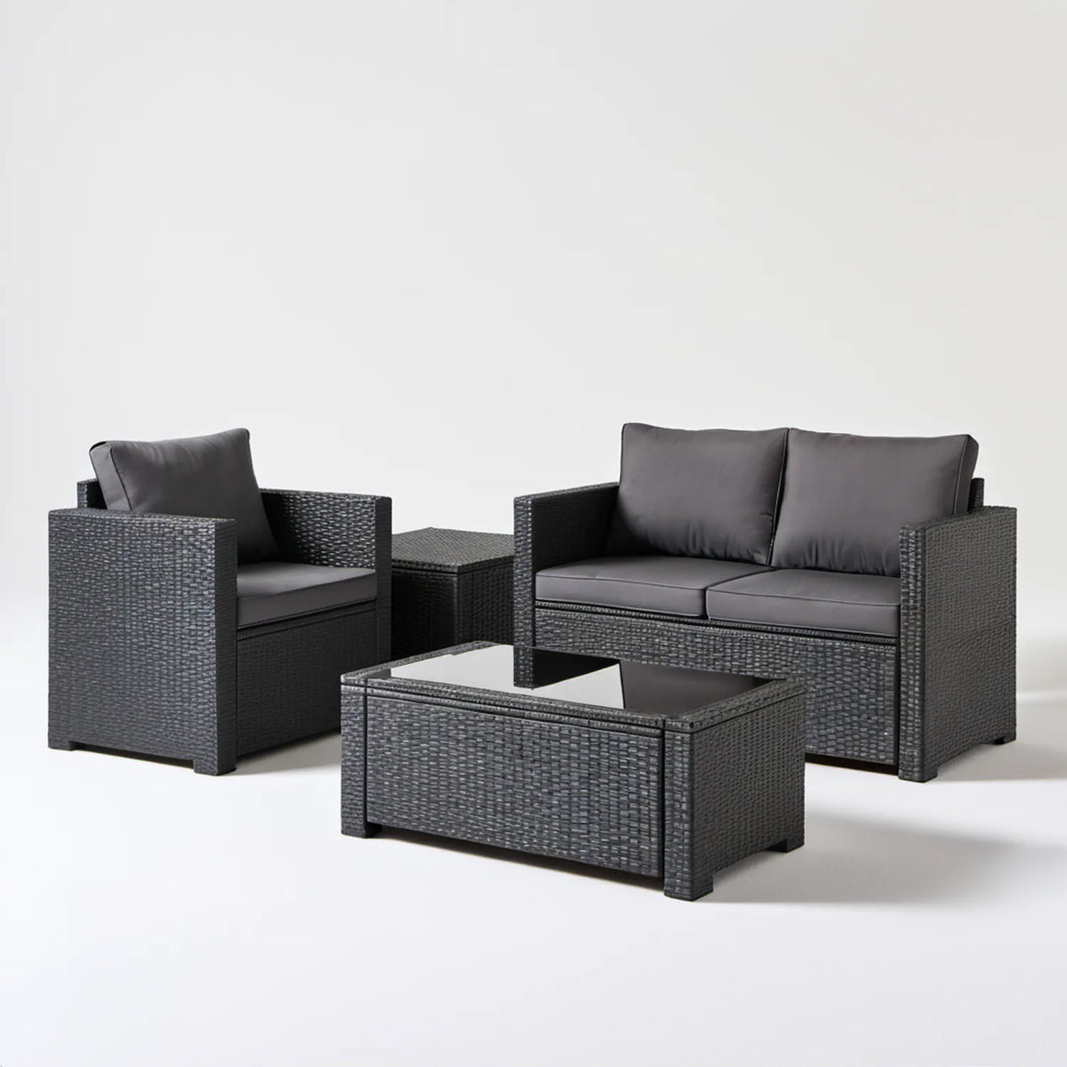 Czarny zestaw wypoczynkowy z technorattanu PE z ciemnoszarymi poduszkami, sofa 124 × 65 × 73 cm