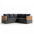 5-osobowa narożna sofa ogrodowa w kształcie L z technorattanu PE i drewna akacjowego, grafitowo-czarno-brązowa, 220 x 220 x 85 cm