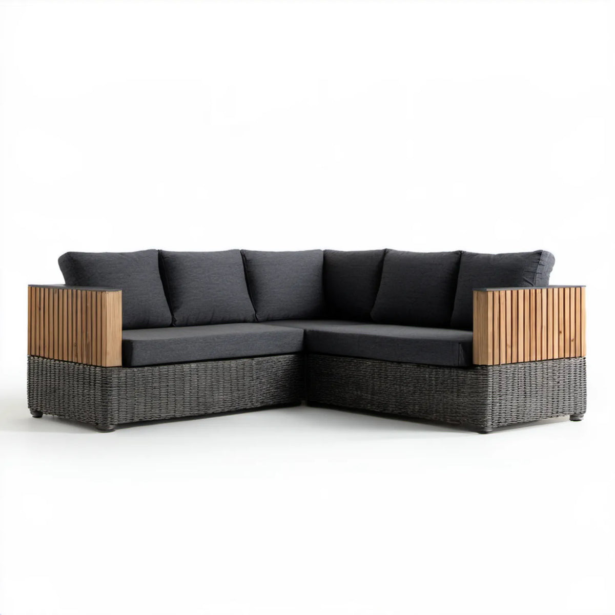 5-osobowa narożna sofa ogrodowa w kształcie L z technorattanu PE i drewna akacjowego, grafitowo-czarno-brązowa, 220 x 220 x 85 cm
